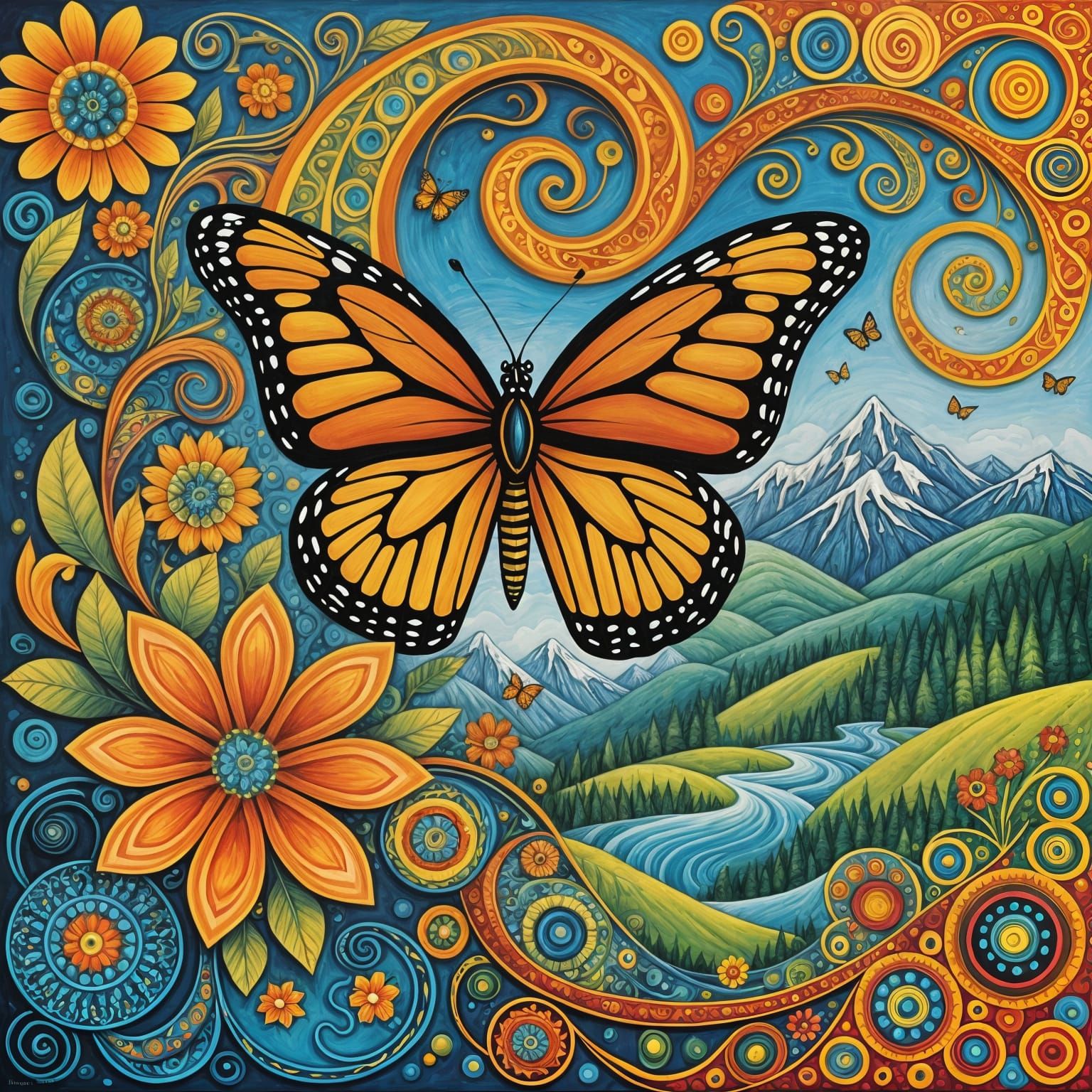 Monarch Butterfly Metamorphosis in Folk Art Style