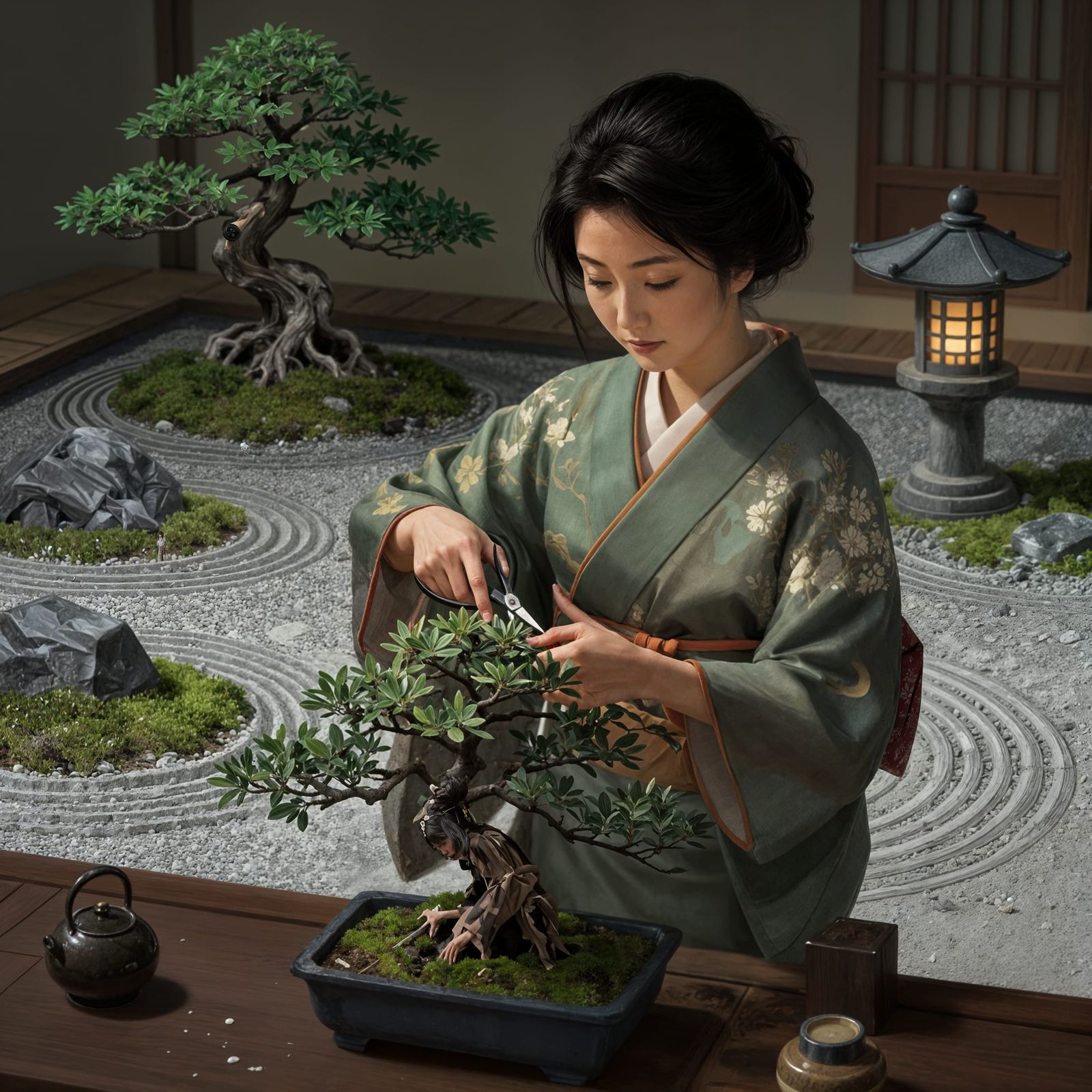 Woman Pruning Bonsai in Zen Garden, Arcane Style
