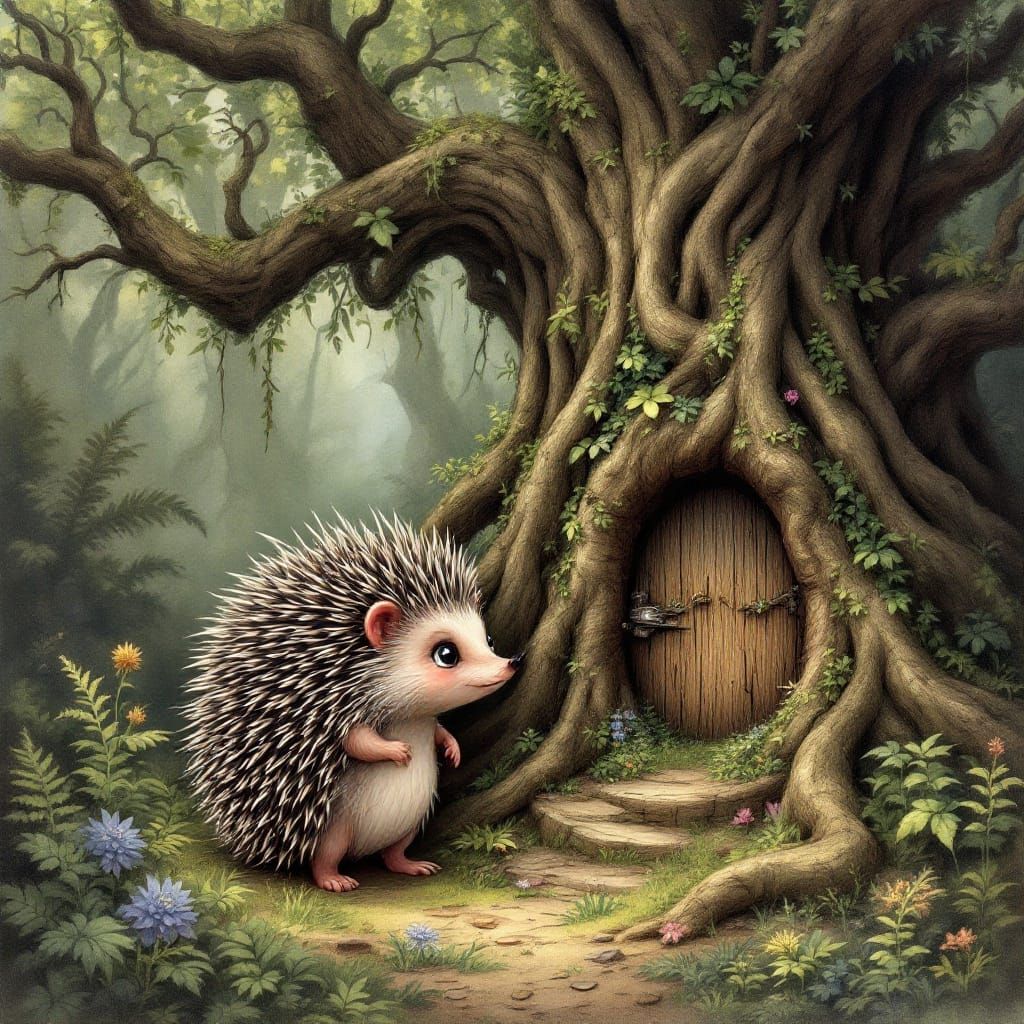 Whimsical Hedgehog Stands Before Ancient Tree Door in Enchan...