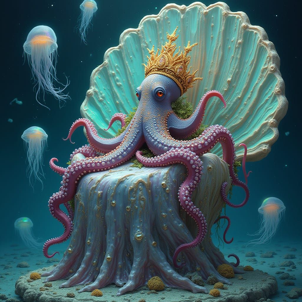 Regal Octopus Ruler Reigns in Iridescent Seaweed Cloak
