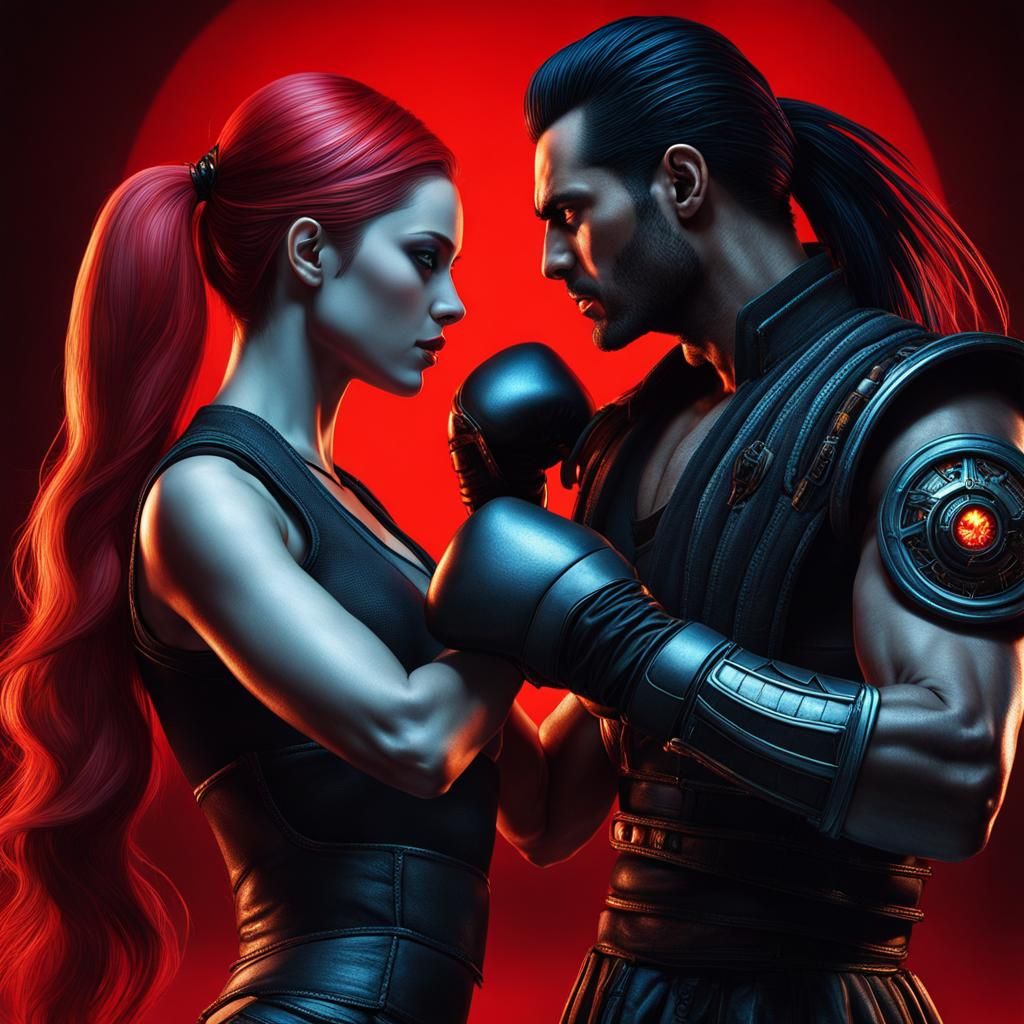 Clockpunk Man Boxing Cyberpunk Woman in Mortal Kombat