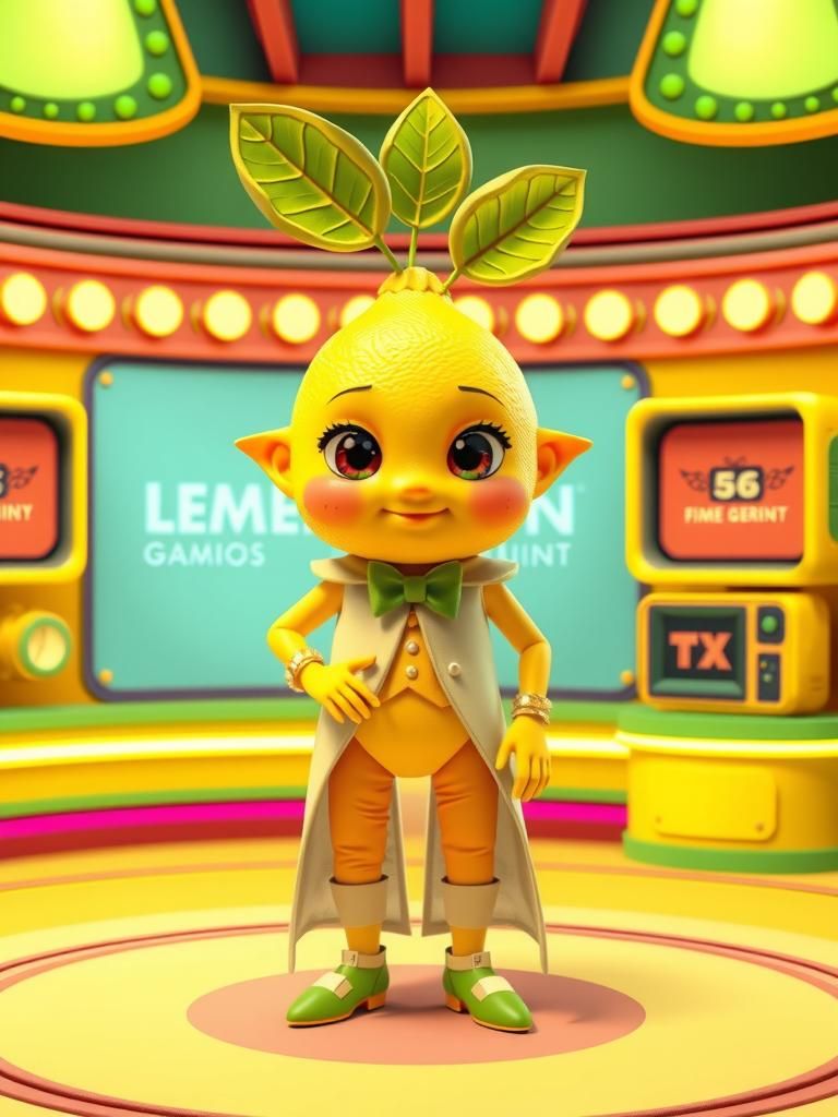 Whimsical Lemon-Lime Character on Retro Game Show