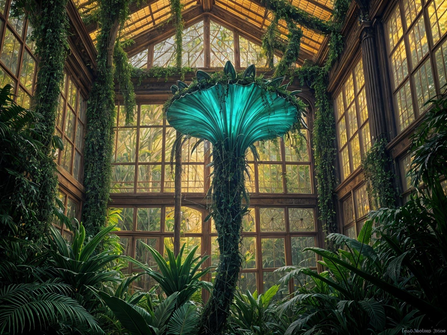 Surreal Conservatory Scene with Alien Plant