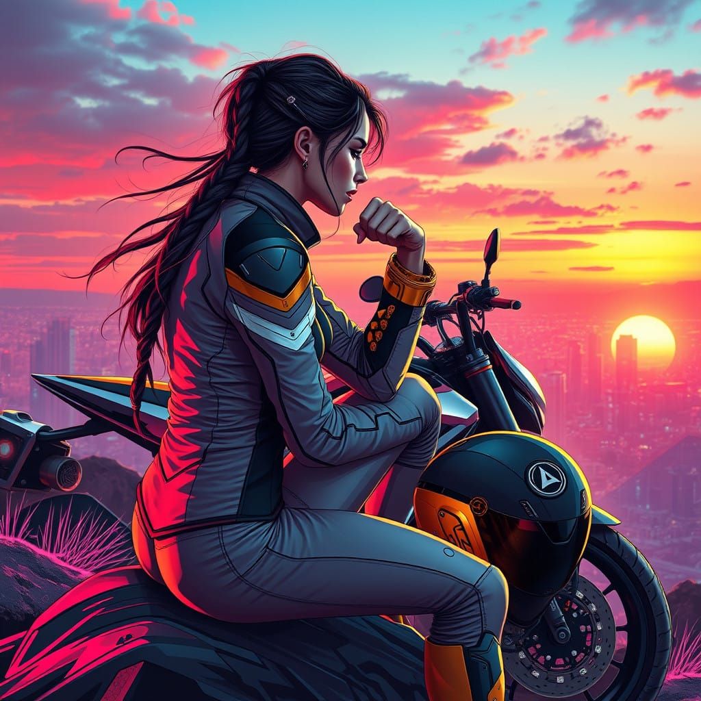 Cyberpunk Goddess Contemplates Sunset in Neon City