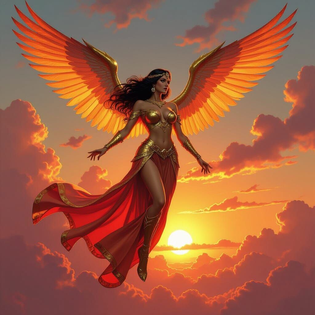 Winged Figure Soaring in Sunset Sky