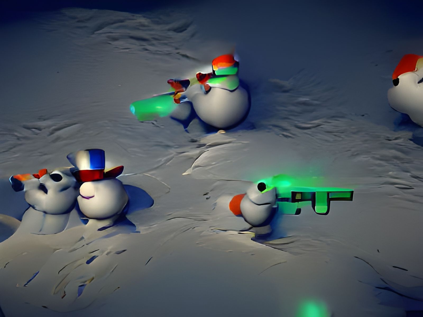 Snowmen with Guns in Volumetric Lighting: 3D Render