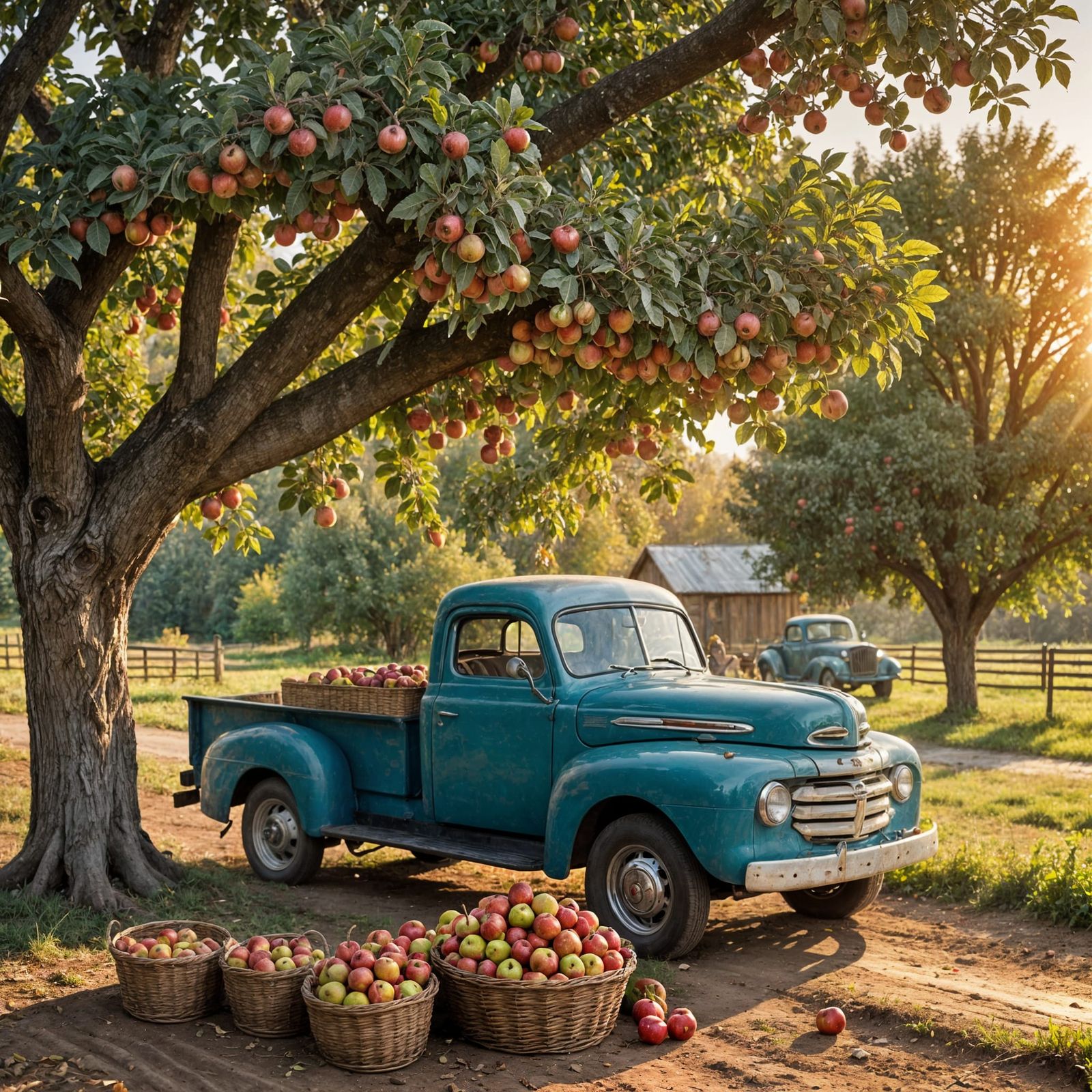 Rustic Apple Harvest Scene with Vintage Truck at Sunset