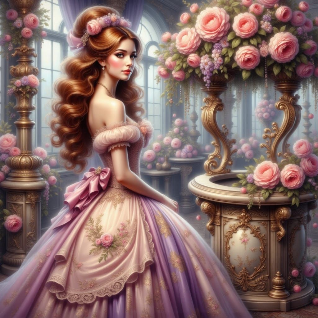 Rococo Woman in Floral Fantasy Couture