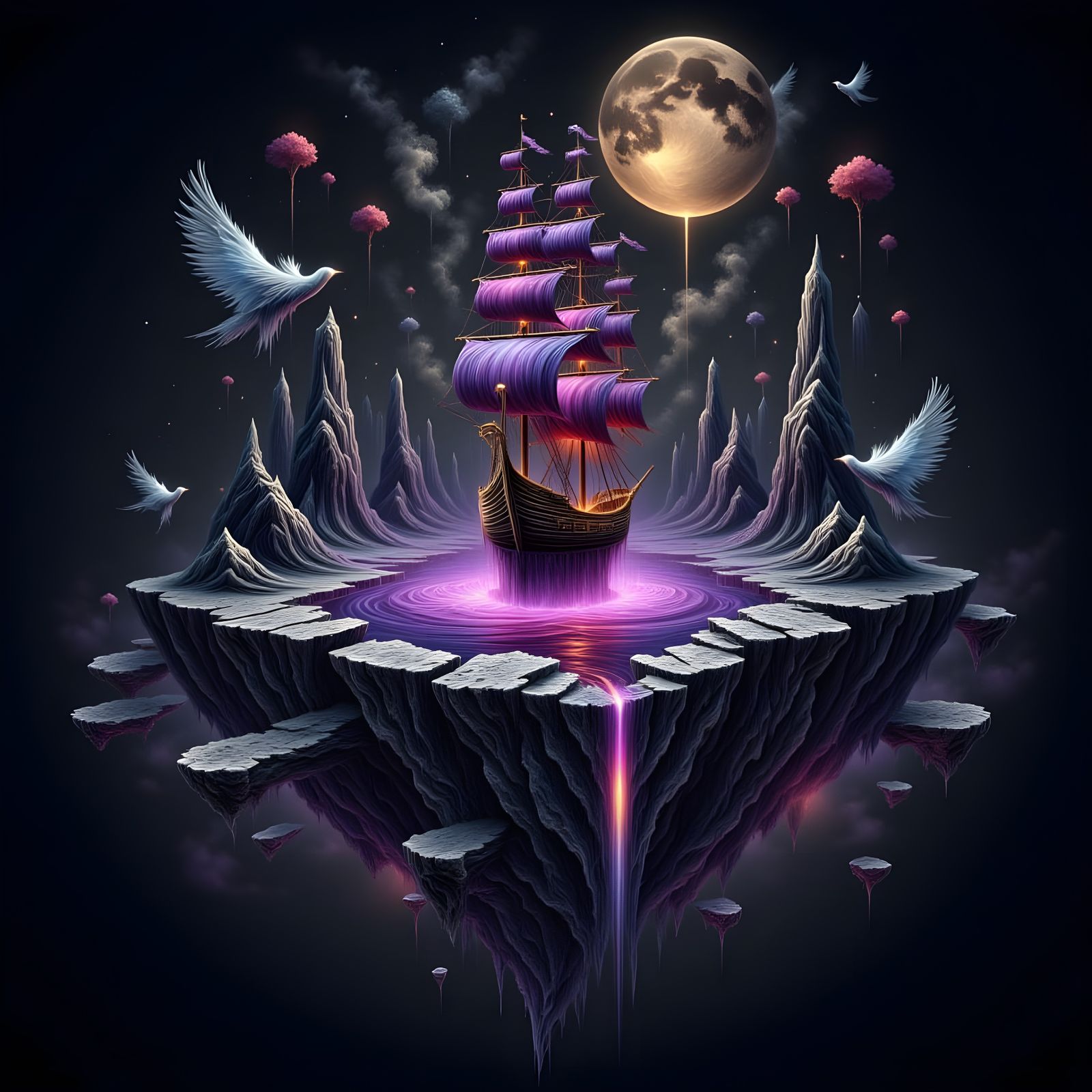 Ghostly Ship Drifting on Shattered Island in Surreal Space