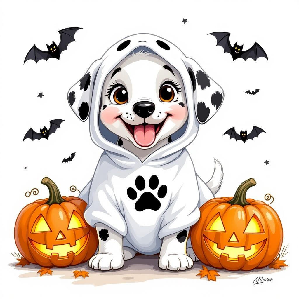 Dalmatian Puppy Ghost in Halloween Scene