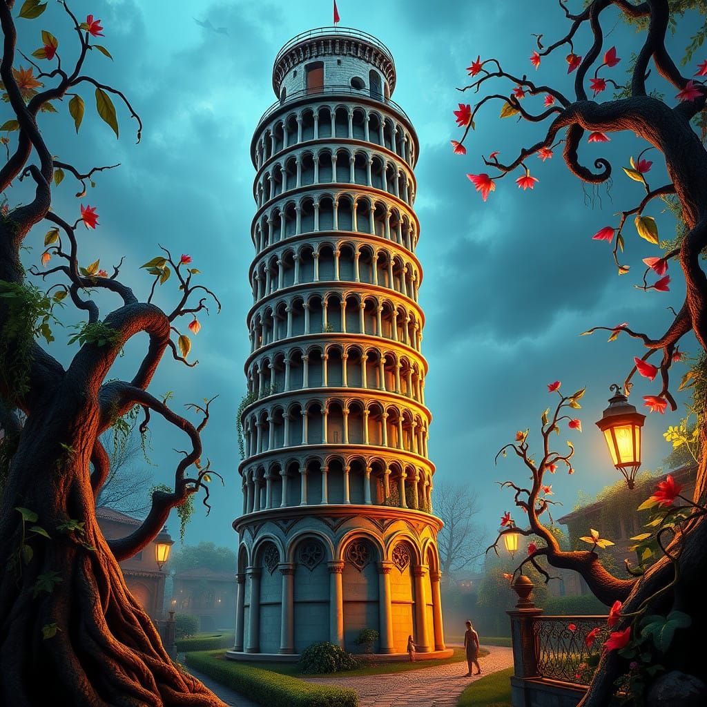 Surreal Leaning Tower of Pisa in Whimsical Landscape with Lu...