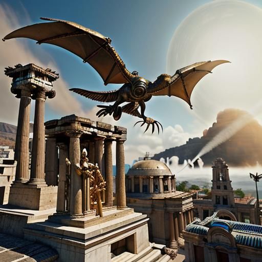 Bronzepunk Pterodactylus Soars Above Retro-Futuristic Greek....