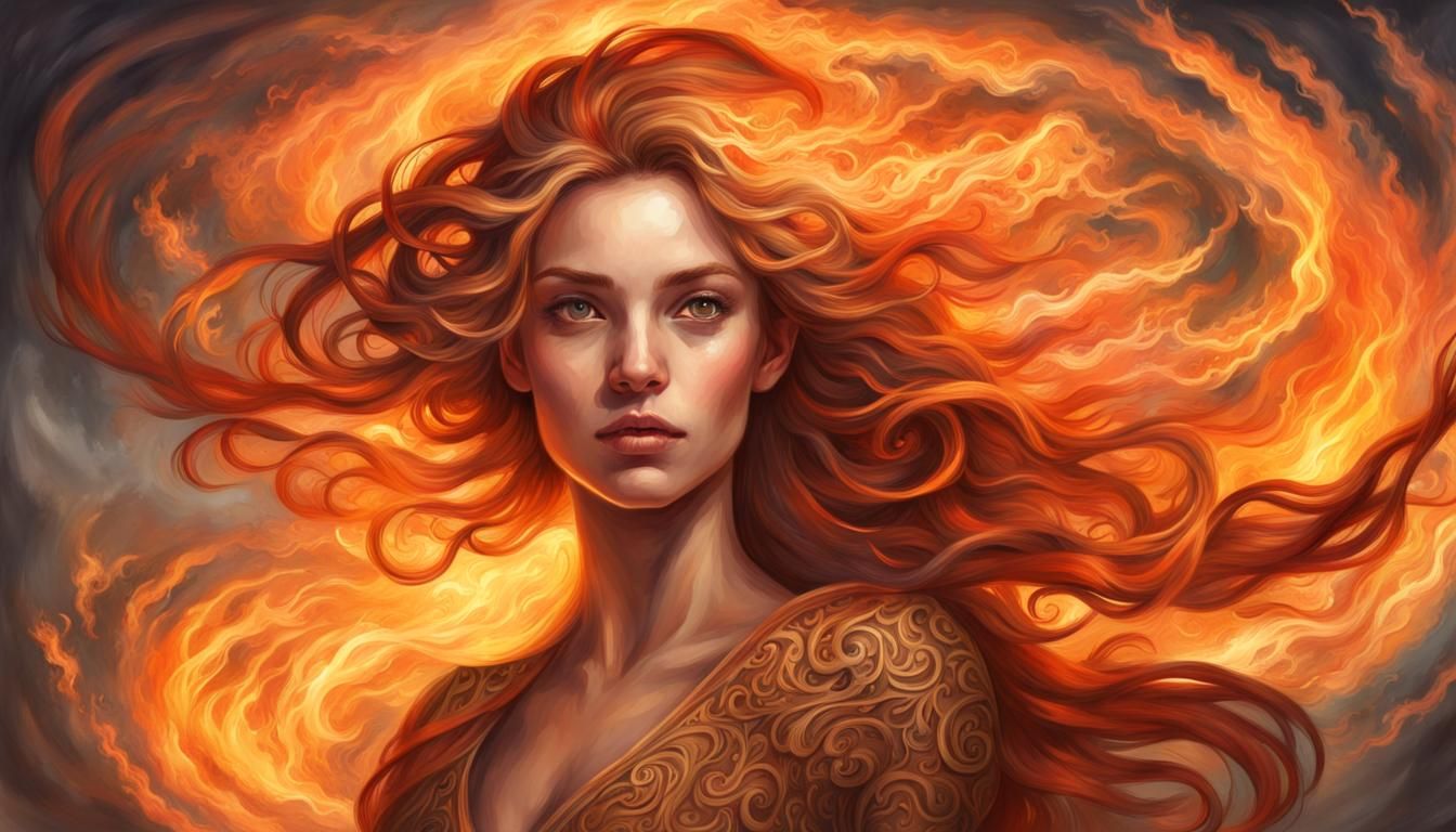 Fantasy Fire Girl Portrait with Swirling Flames