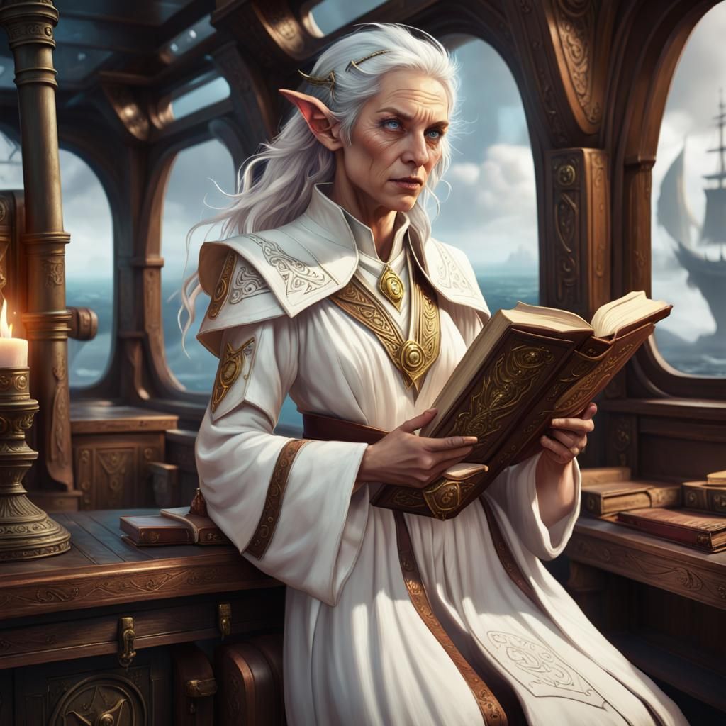 Fierce Elf Cleric Professor on Ship: Detailed Matte Painting
