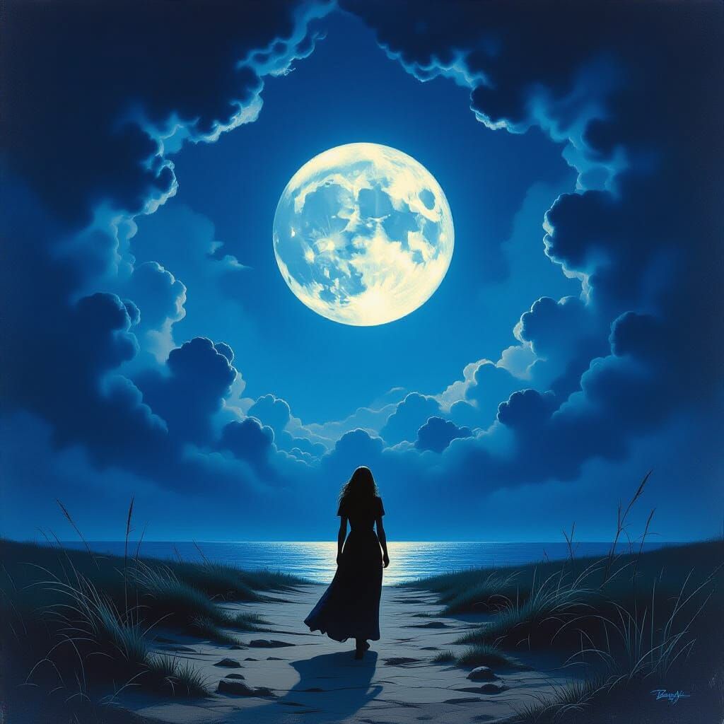 Surreal Shapeshifting Woman Under Ominous Moonlit Sky