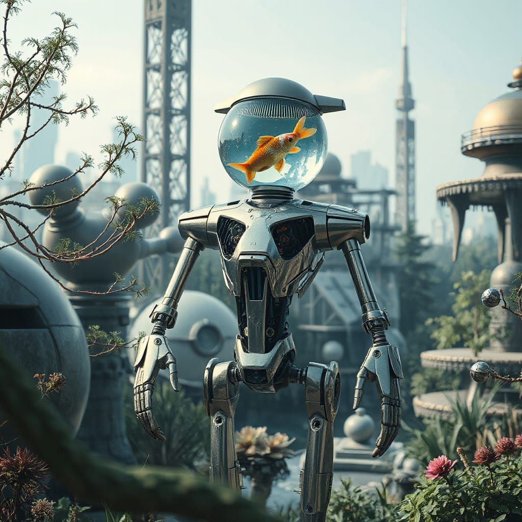 Robot with Crystal Head and Goldfish in Futuristic Garden
