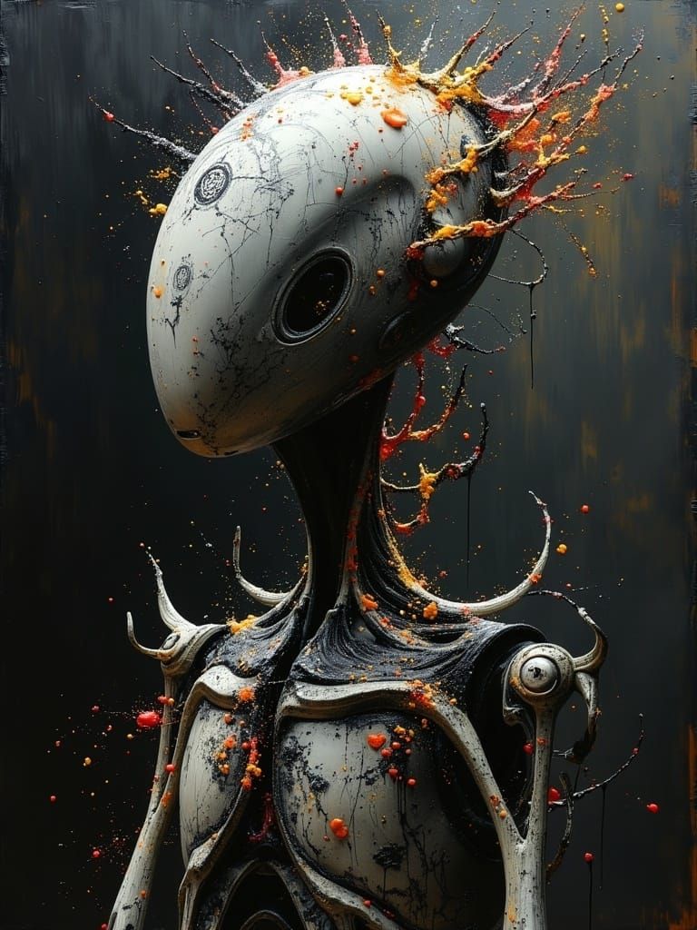 Dark Oil Painting of Alien Robot with Bowditch Curves and In...