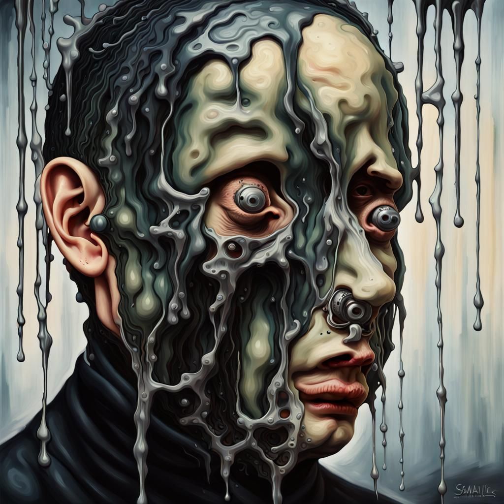 Distressed Person with Melting Mask in Surrealist Style