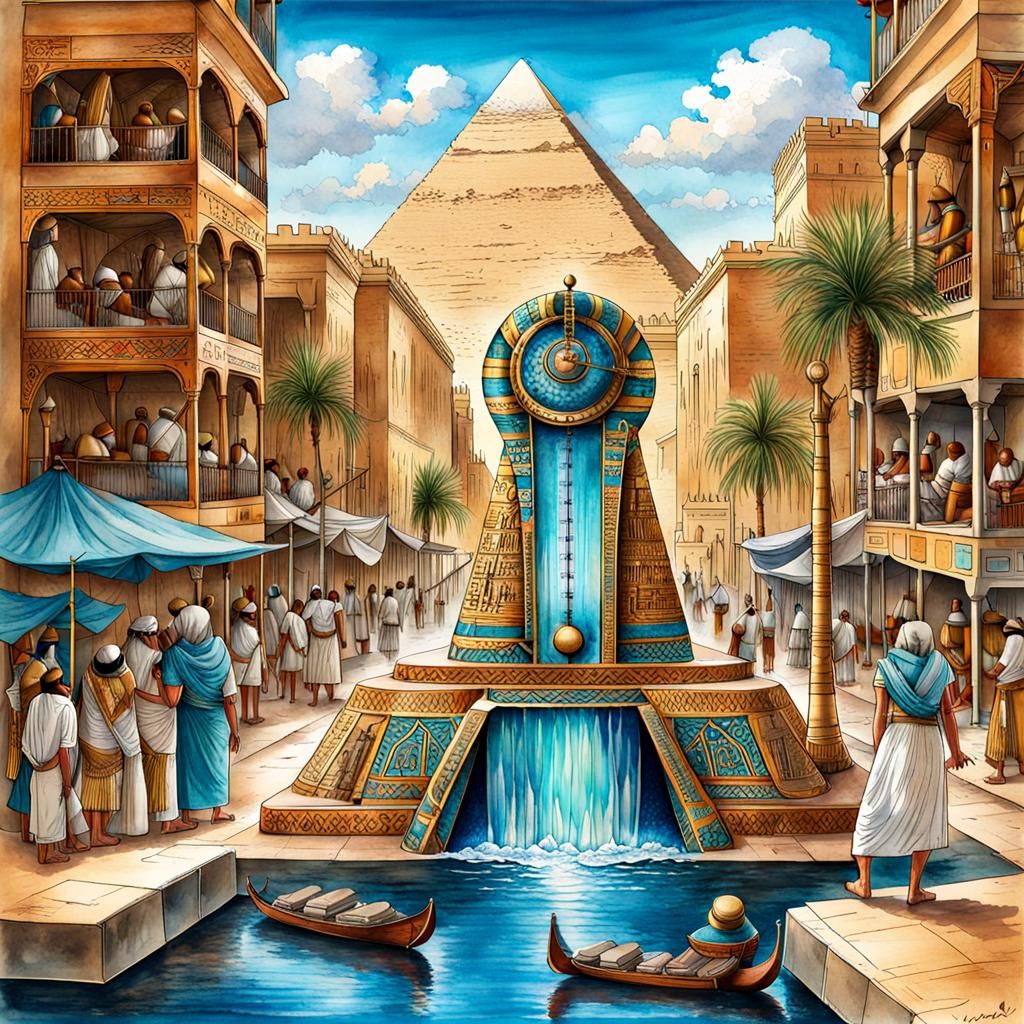 Egyptian Water Clock Cutaway in Watercolor Style