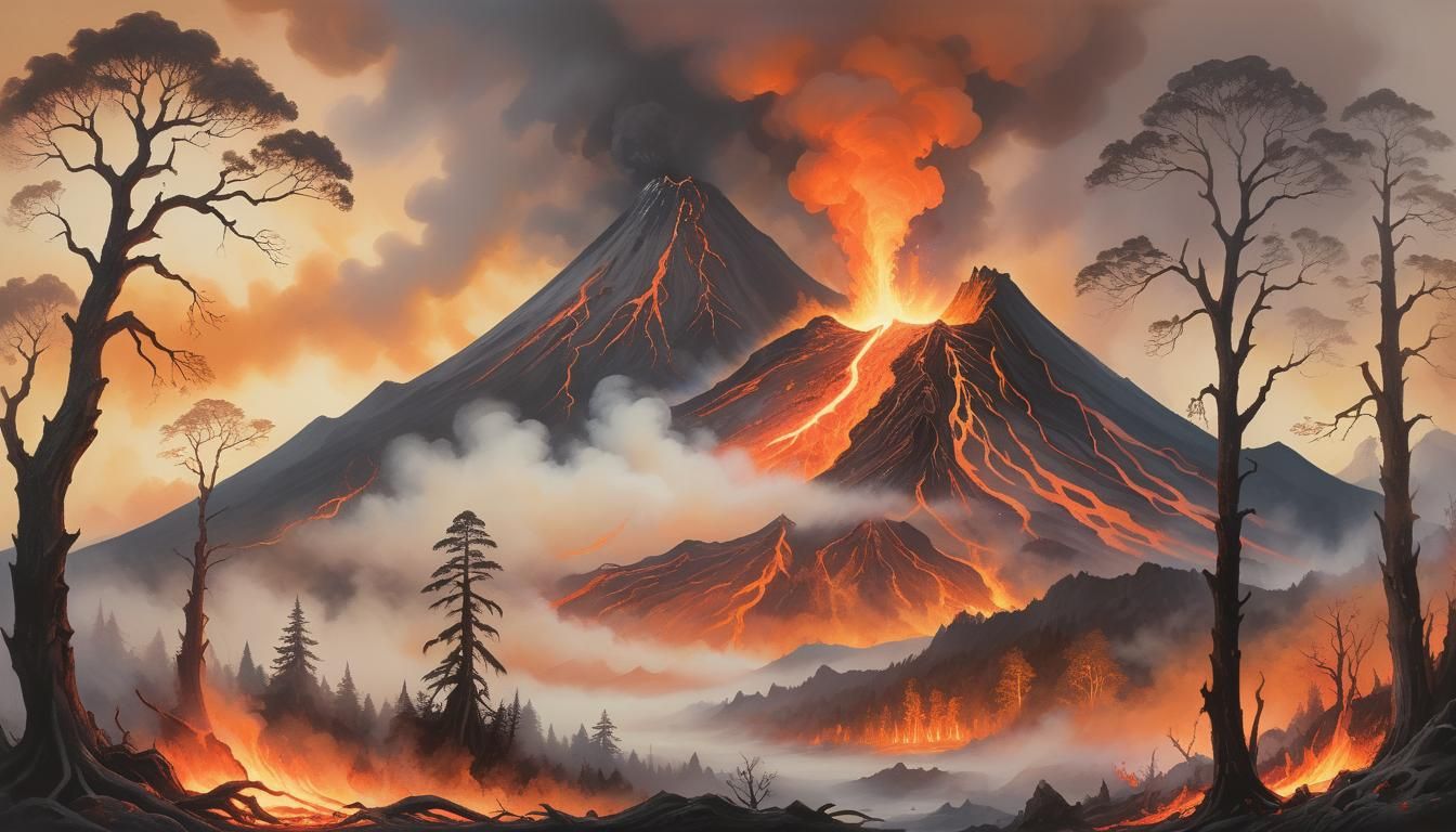 Volcano Eruption in Ukiyo-e Woodblock Print Style