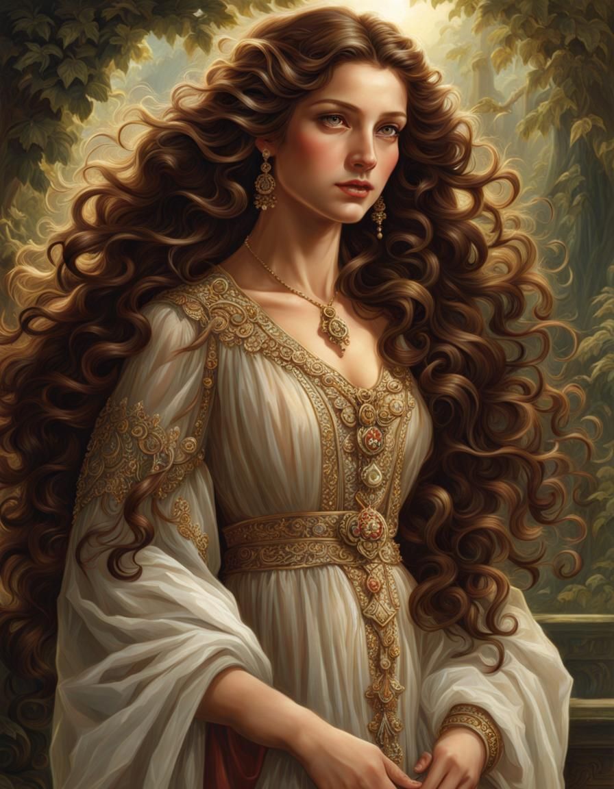 Brunette with Long Curly Hair in Style of Fra Lippo Lippi