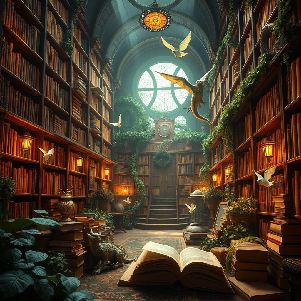 Whimsical Magic Library with Flying Books and Enchanted Crea...