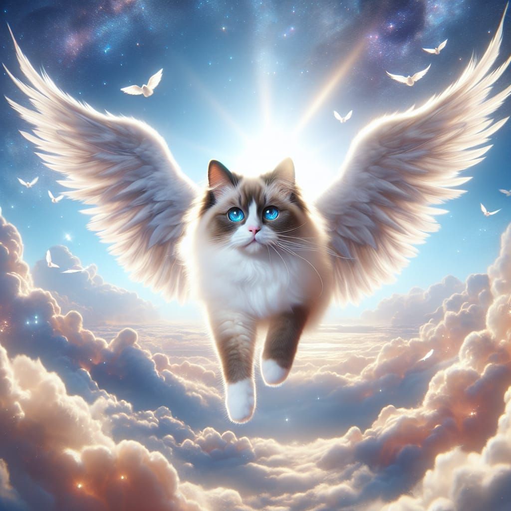 Ragdoll Cat with Angel Wings in Cat Heaven