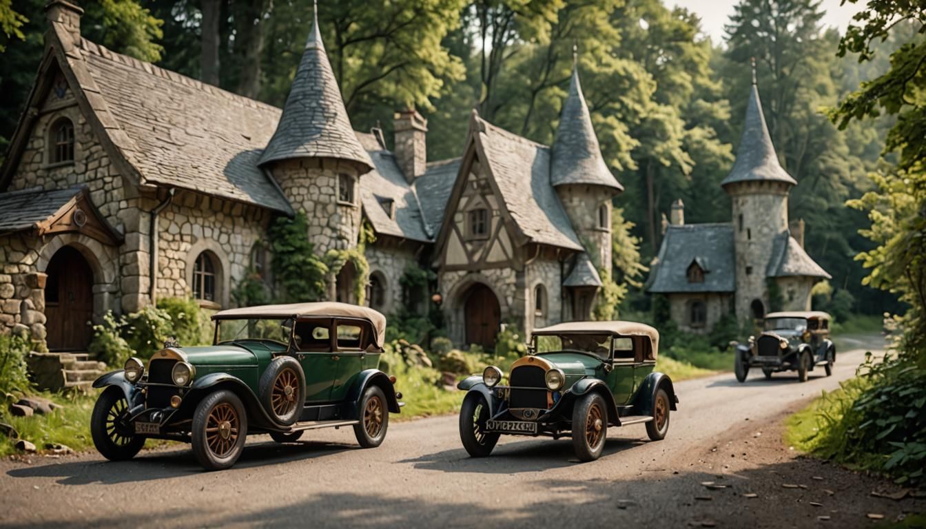 Antique Elven Cars and Cottage in Forest