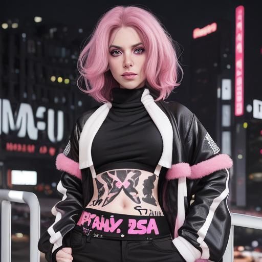 Woman with Black and Pink Hair in Cityscape