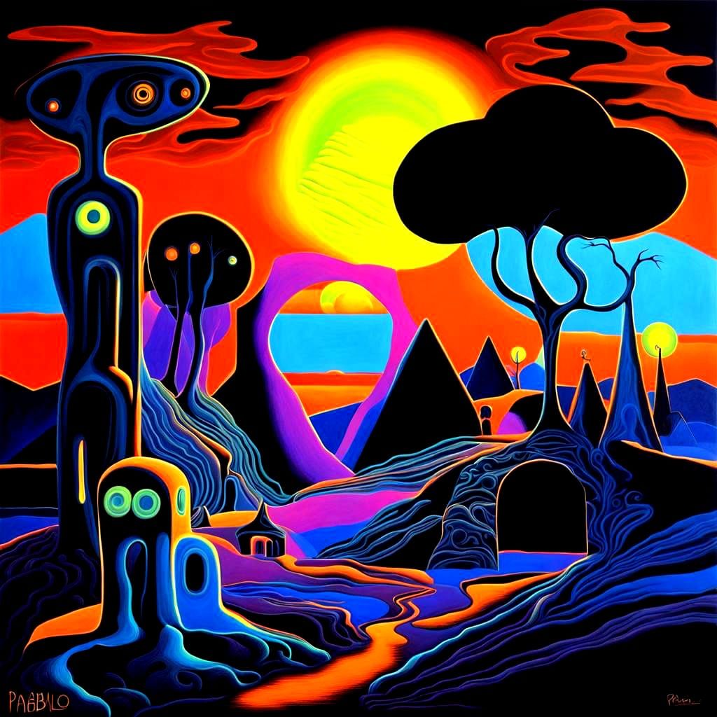 Surreal Black Light Fantasy Landscape in Cubist Style