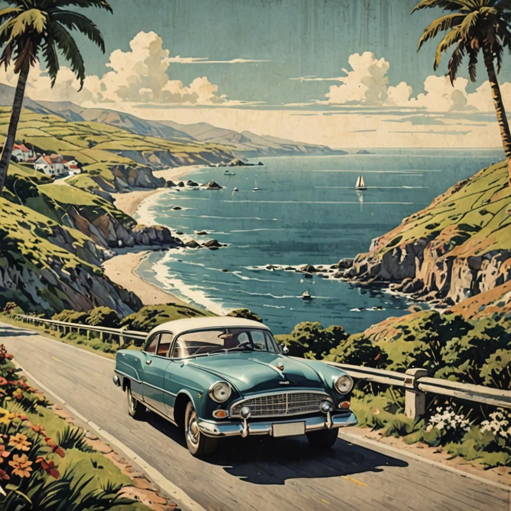 Classic Car Coastal Road Vintage Poster