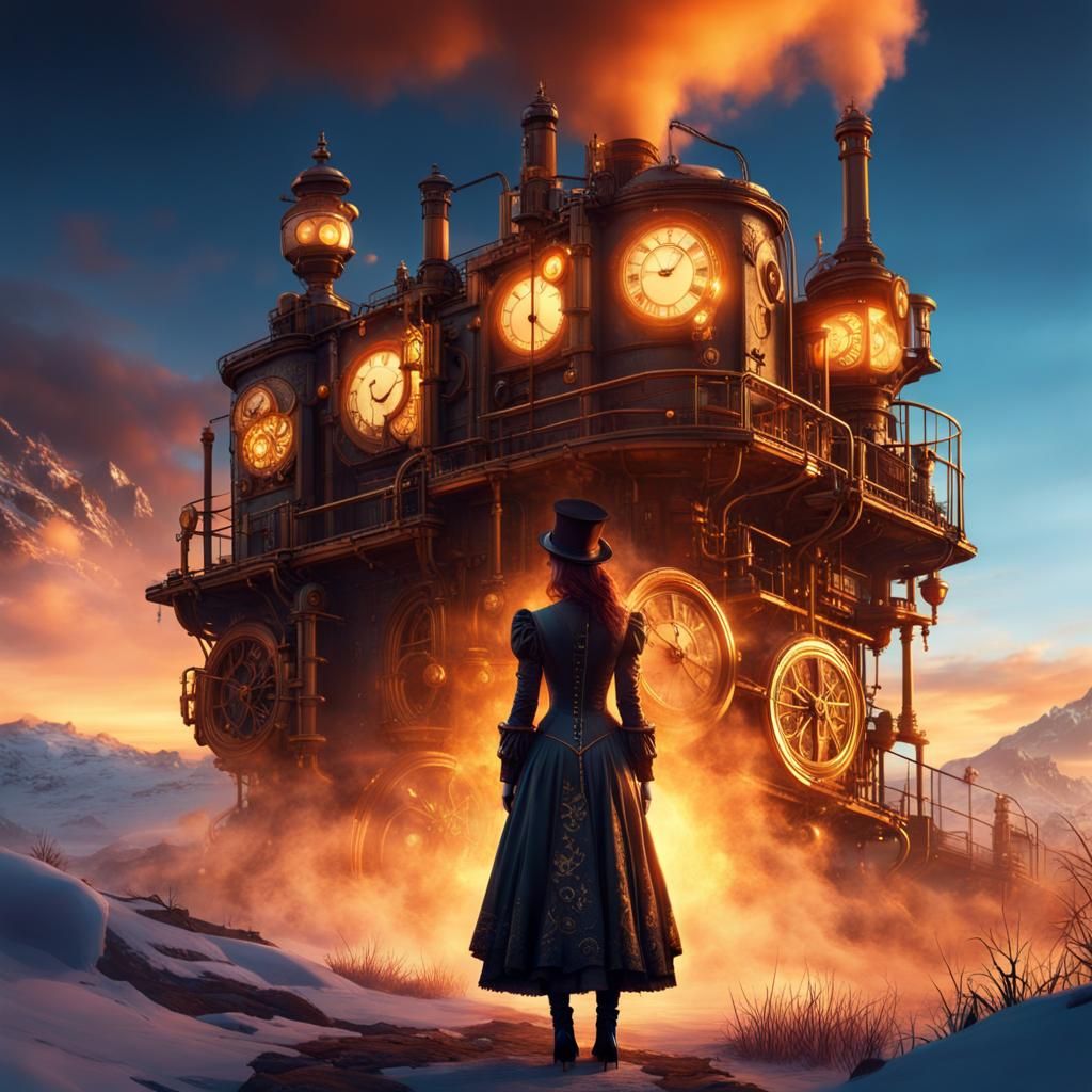 Steampunk Woman in Mechanical City at Sunset
