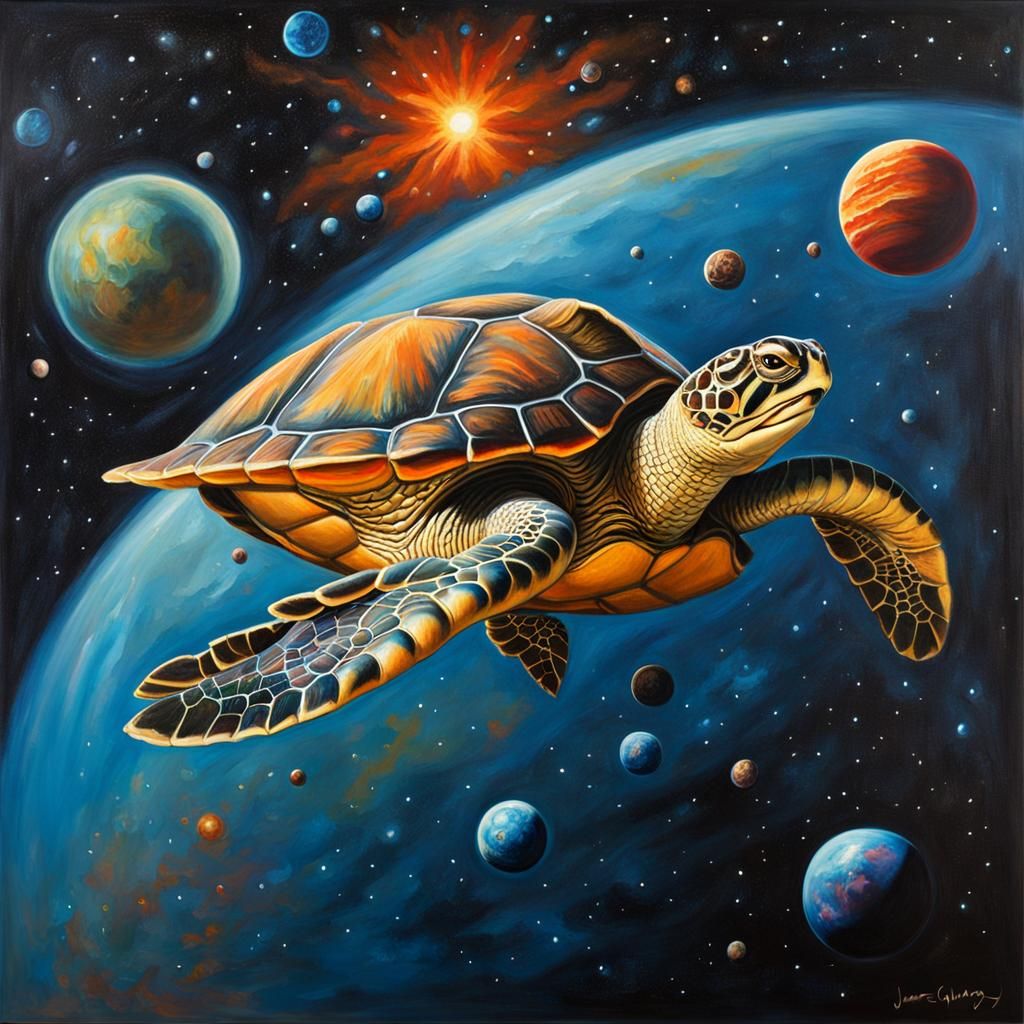 Turtle's Cosmic Journey: An Oil Painting in Space