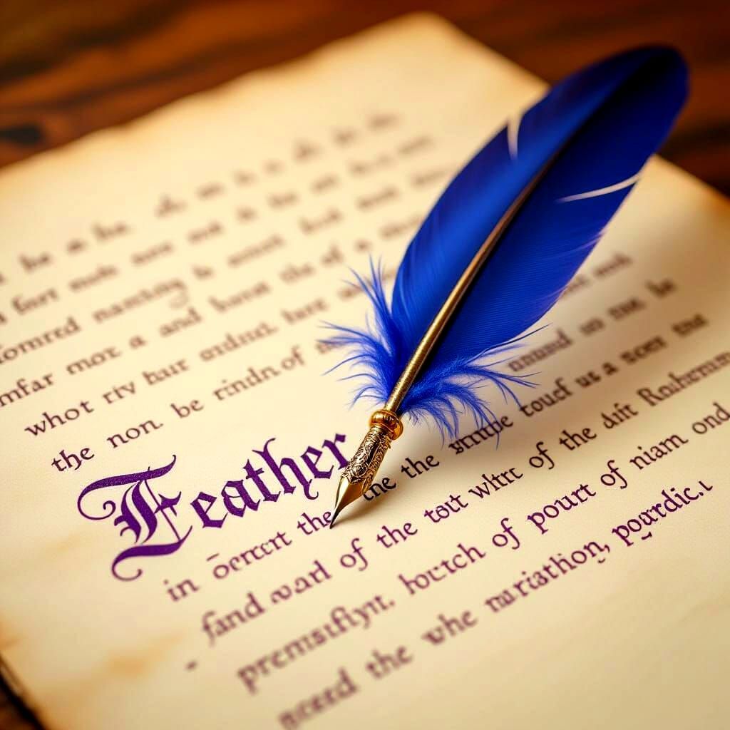 Blue Feather Quill Writes Purple Old English Letters