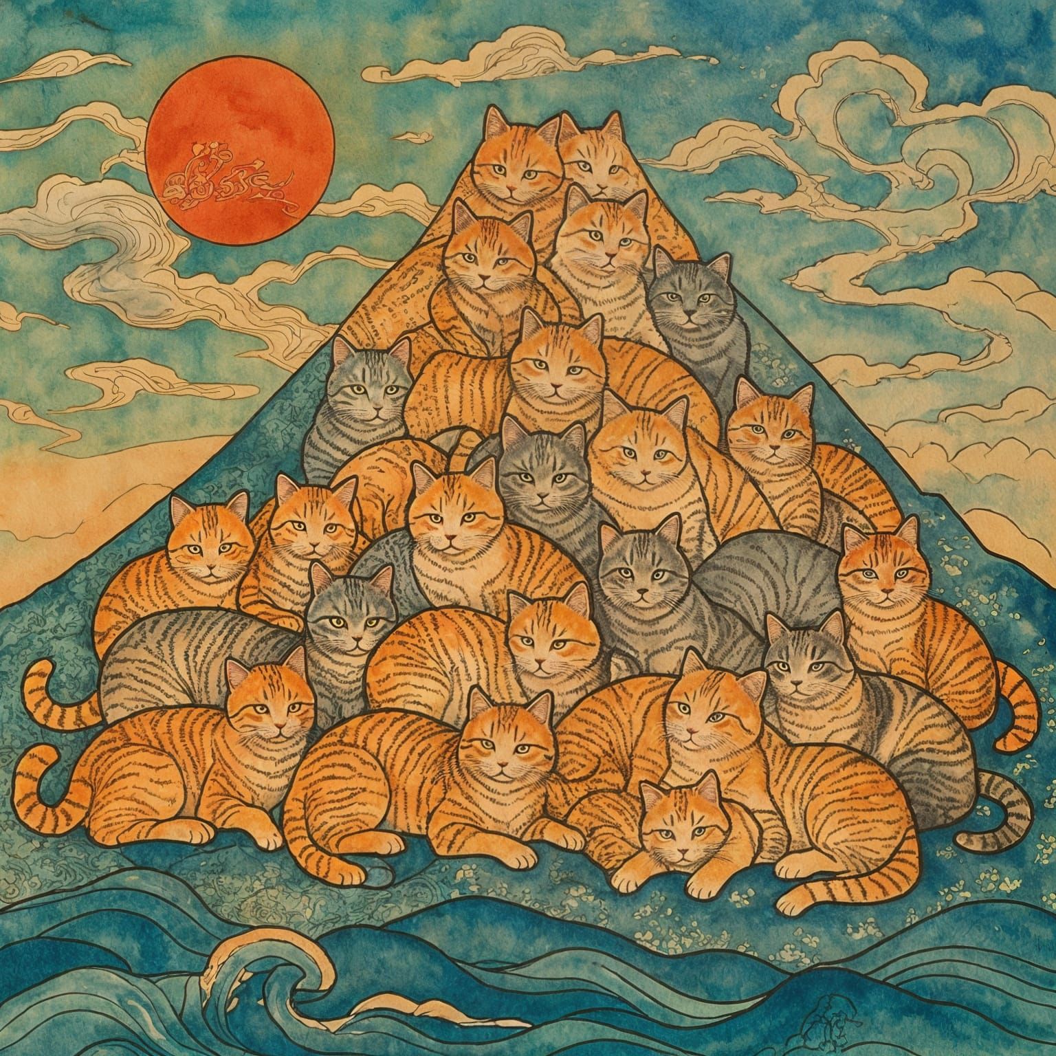 Mount Fuji Composed of Cats in Ukiyo-e Style