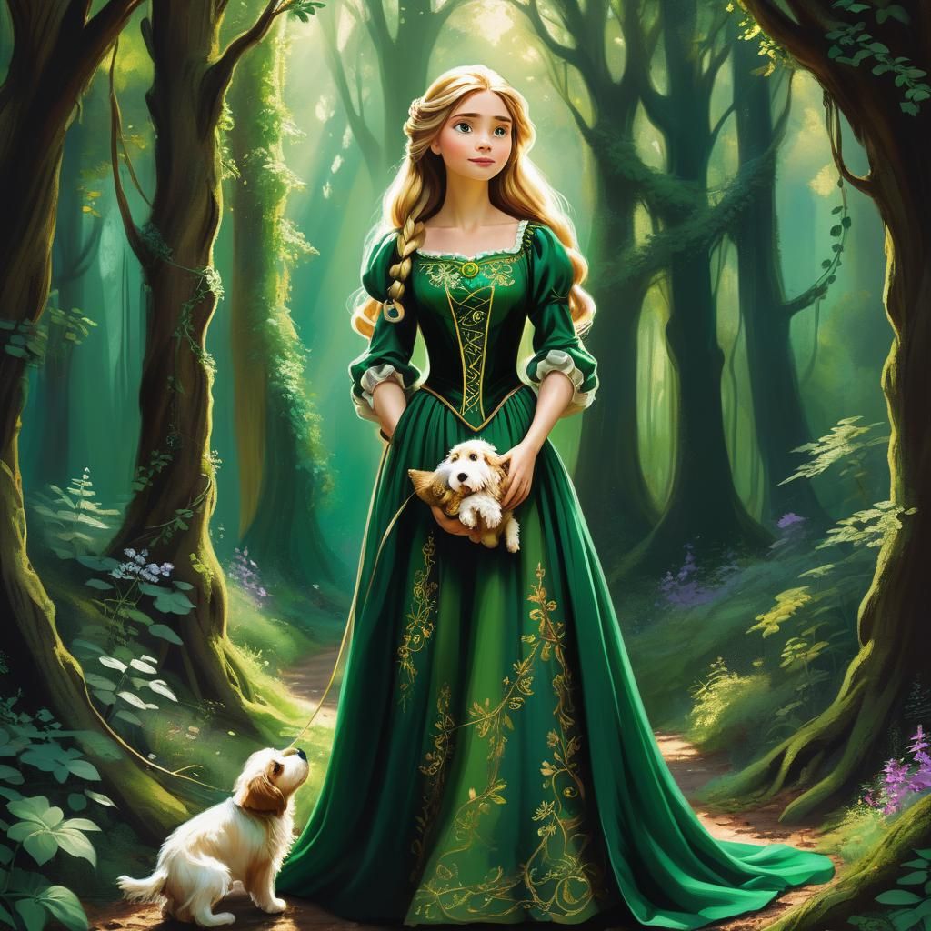Rapunzel in Emerald Dress with Puppy: Fantasy Art