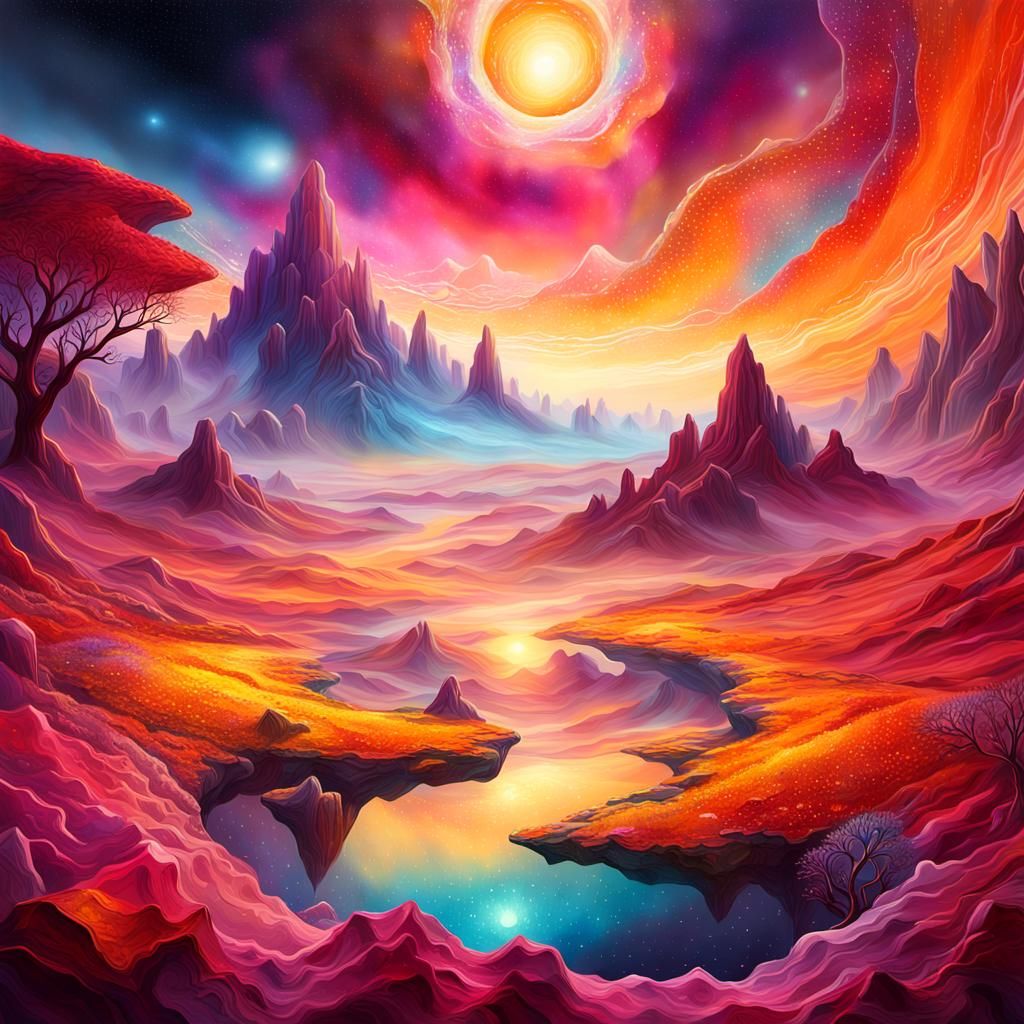 Vibrant Cosmic Landscape with Mixed Media Textures