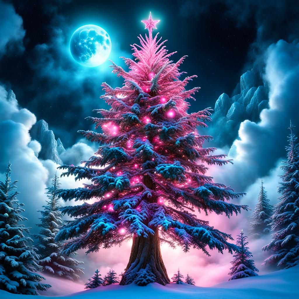 Eerie Forest Christmas Tree with Lights, Fantasy Art