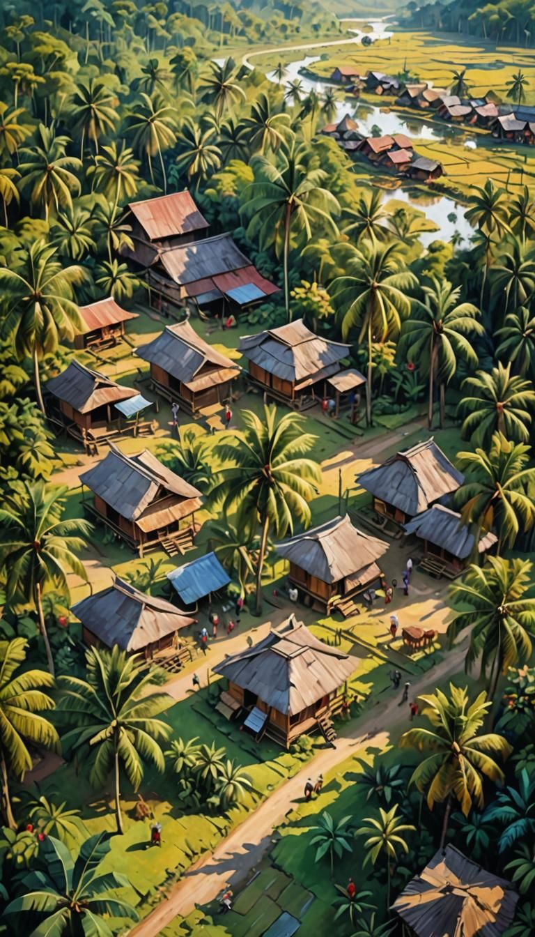 Kalimantan Village Life: Oil Painting in Zao Wou-ki Style