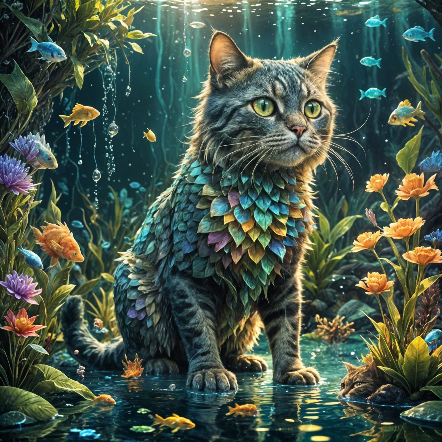 Fantastical Cat and Fish Combination in Detailed Painting