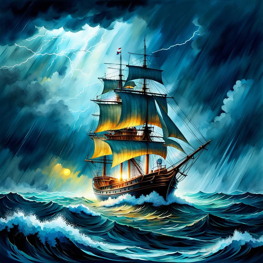 Sailing Ship in Storm: Stylized Watercolor Art