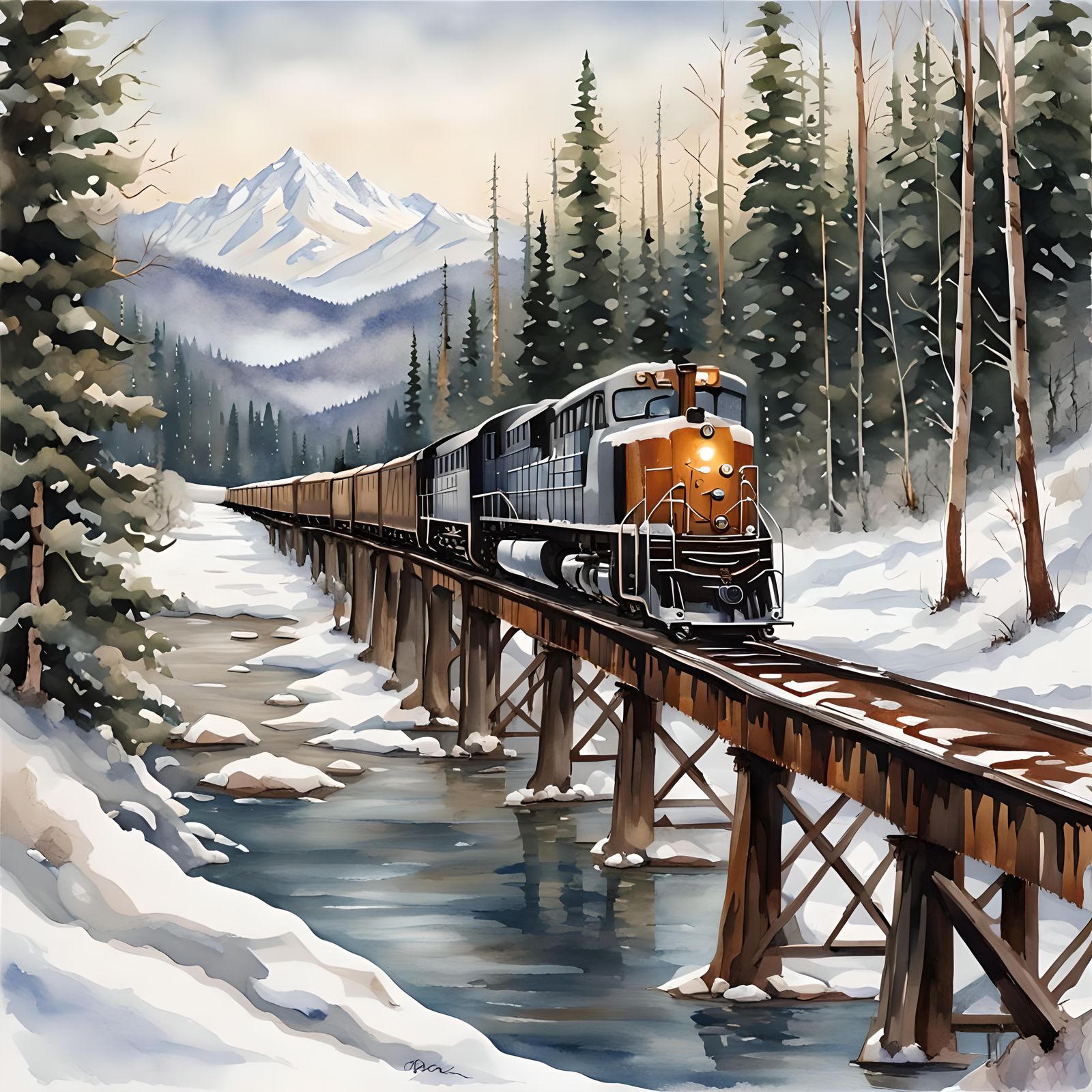 Diesel Train on Trestle in Winter Landscape
