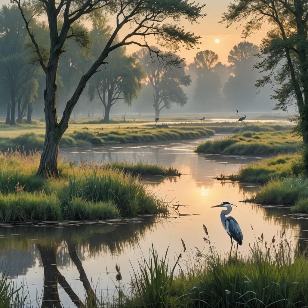 Dawn Over River Landscape with Heron