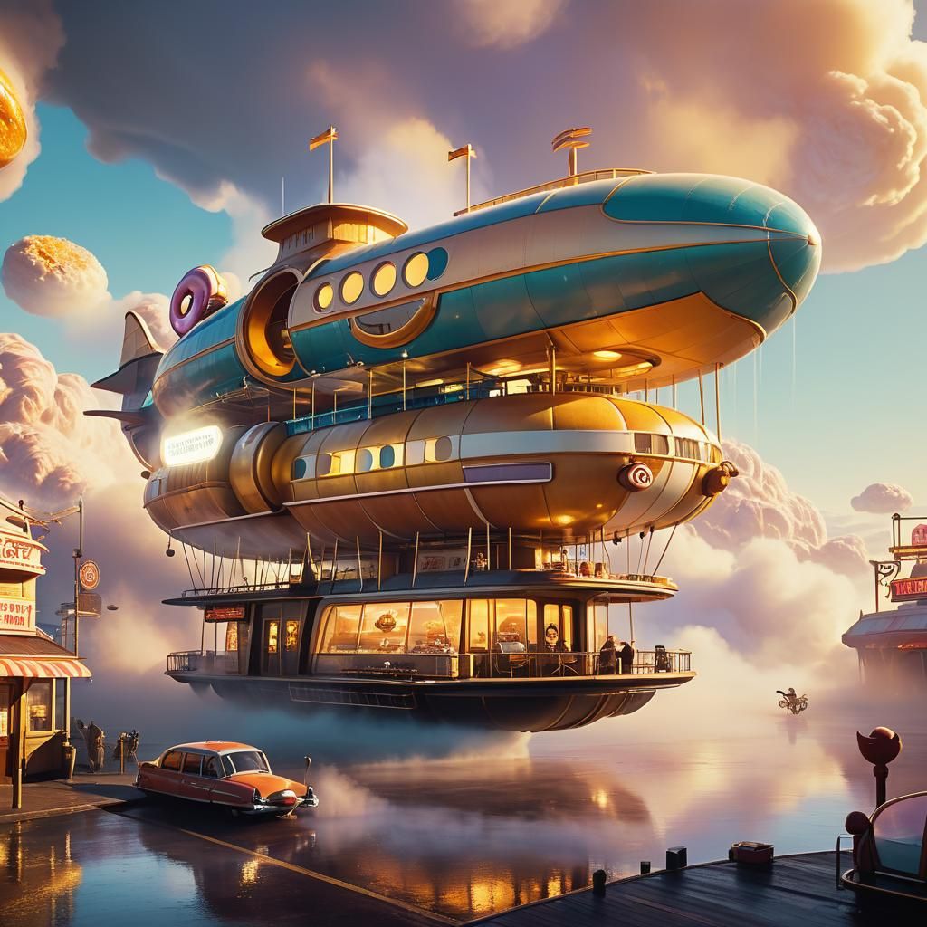 1950s Fantasy Donut Shop Airship in Cinematic Style