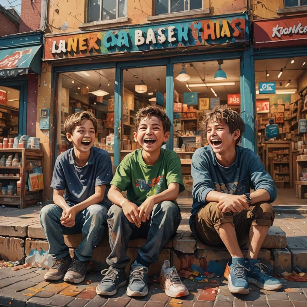 Happy Boys Outside Store: Hyperrealistic Splash Art