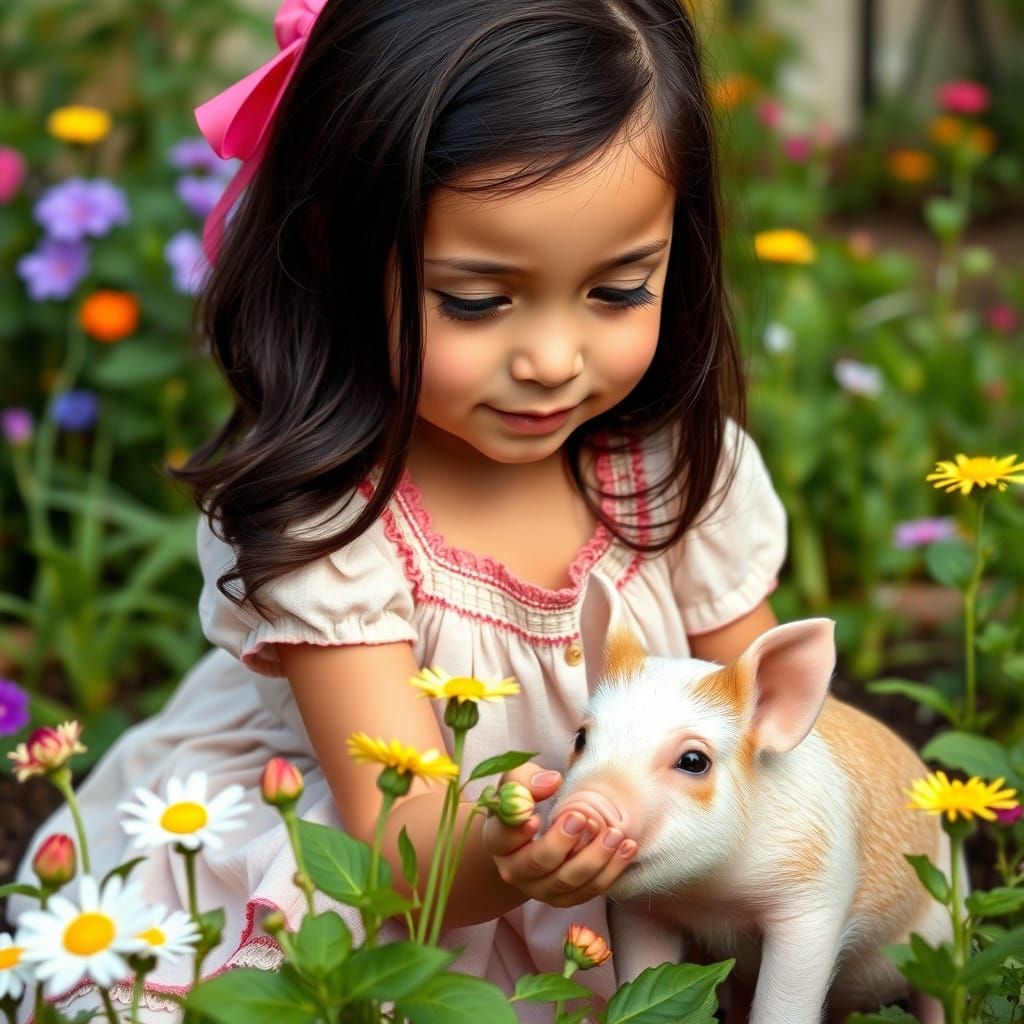 Girl and Pet Pig Picking Flowers in Garden