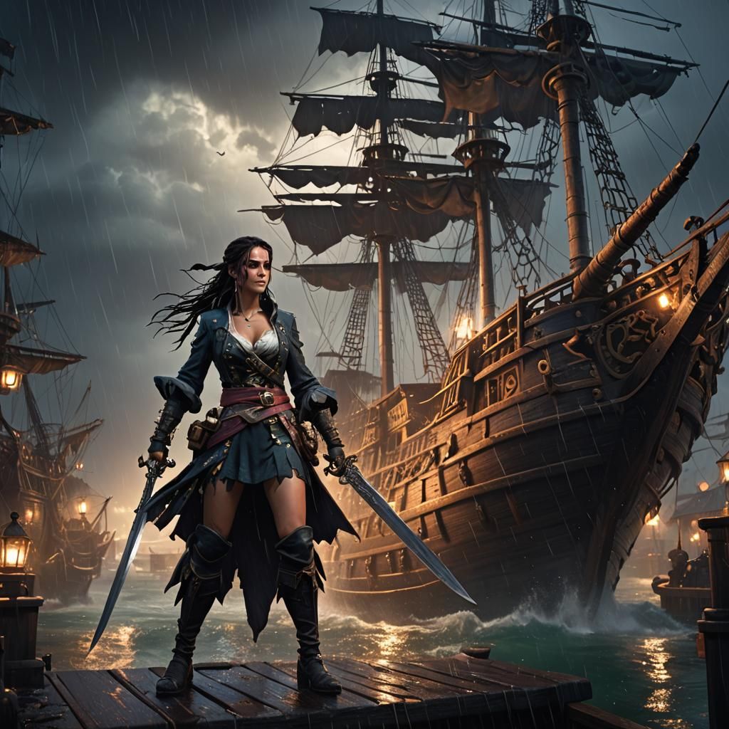 Pirate Ship and Girl in Rainy Night Scene