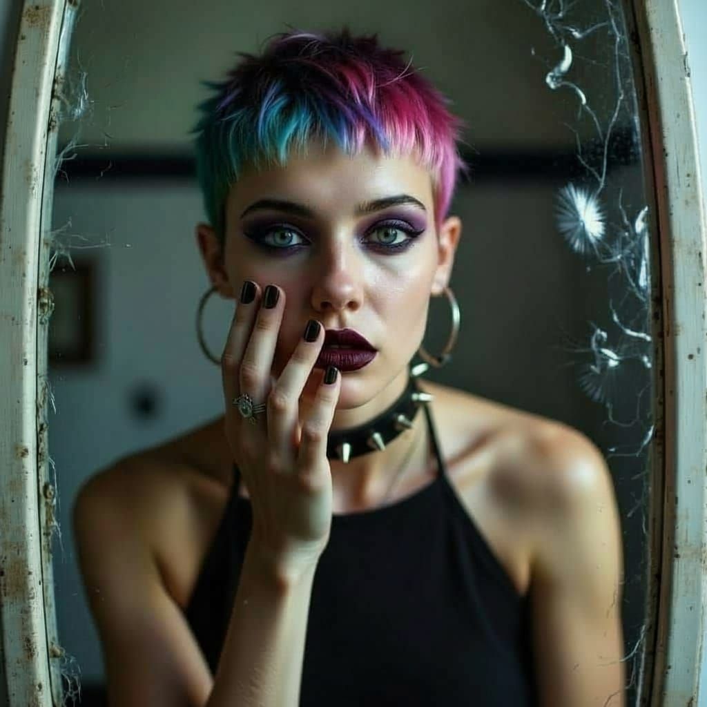 Punk Woman's Horrified Reflection in Cracked Mirror