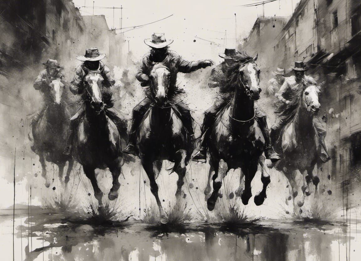 Cowboy Horsemen Charge: Black and White Ink Drawing