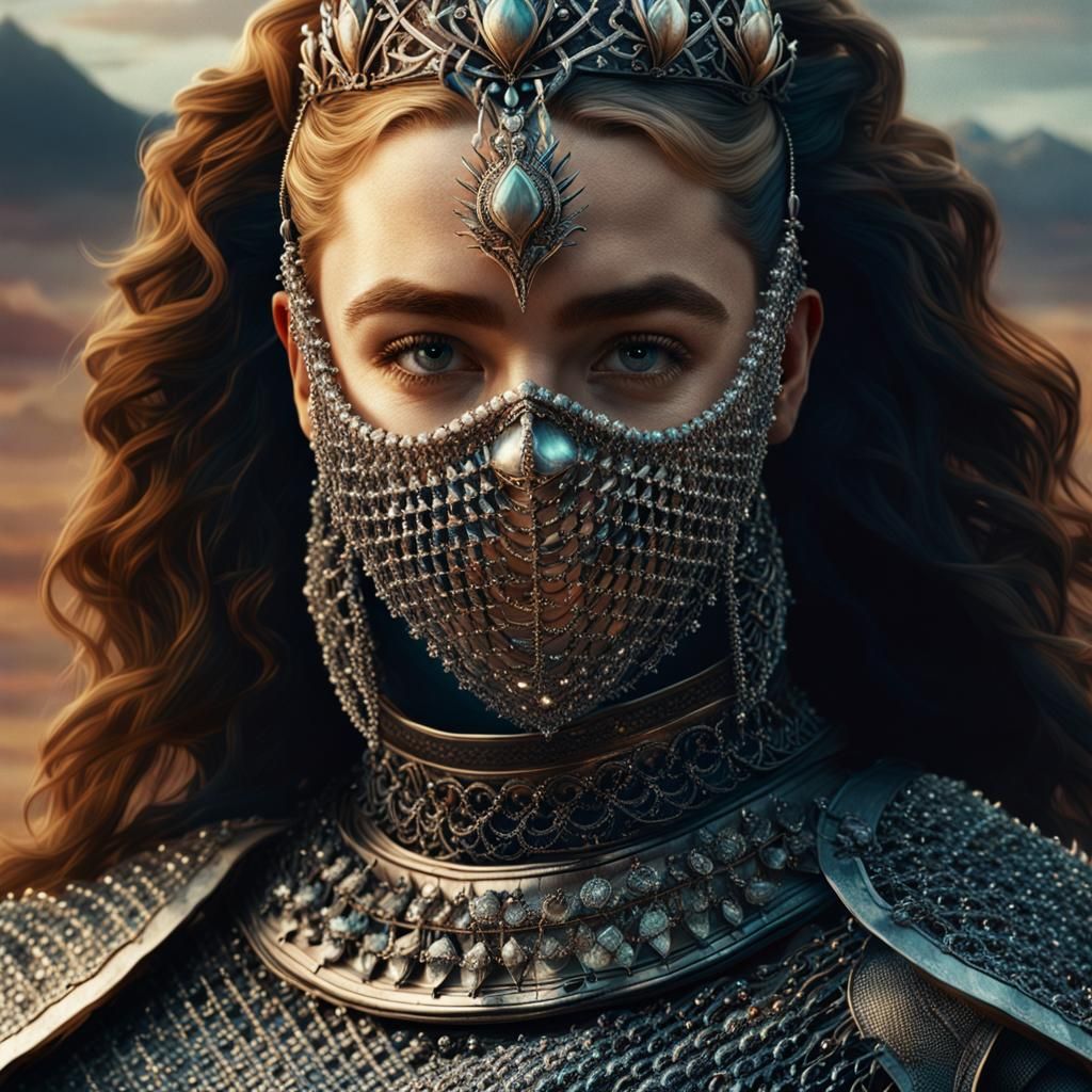 princess irulan, dune, Florence Pugh in chainmail and a chainmail mask and tiara, silver jewelry, royalty, close up shot